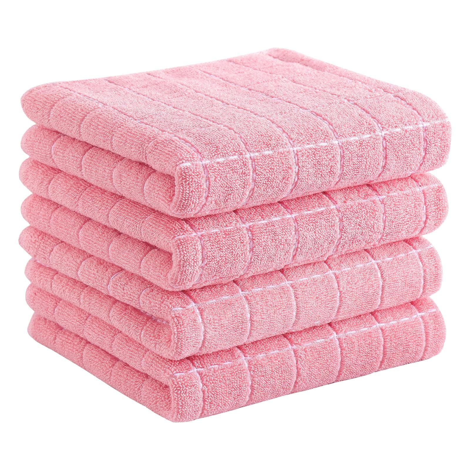 decorUhome 100% Cotton Terry Kitchen Towels(Pink, 13 x 28 inches), Checkered Designed, Soft and Super Absorbent Dish Towels, 4 Pack