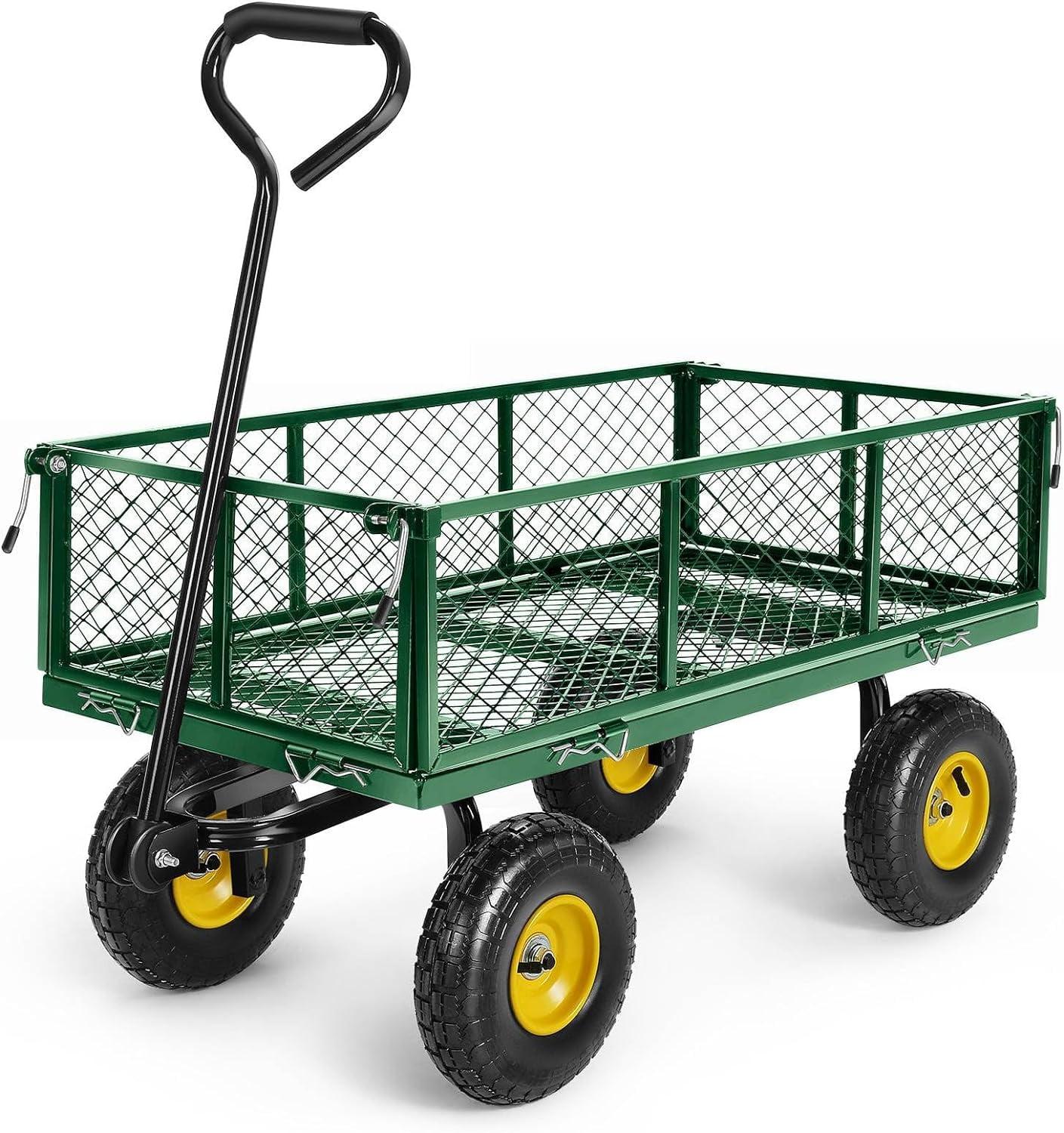 Steel Garden Cart 680 lbs Capacity Heavy Duty Garden Wagons,with Removable Steel Mesh Sides to Convert into Flatbed,Utility Metal Wagon w/ 180°Rotating Handle and 2 Tags Recyclable