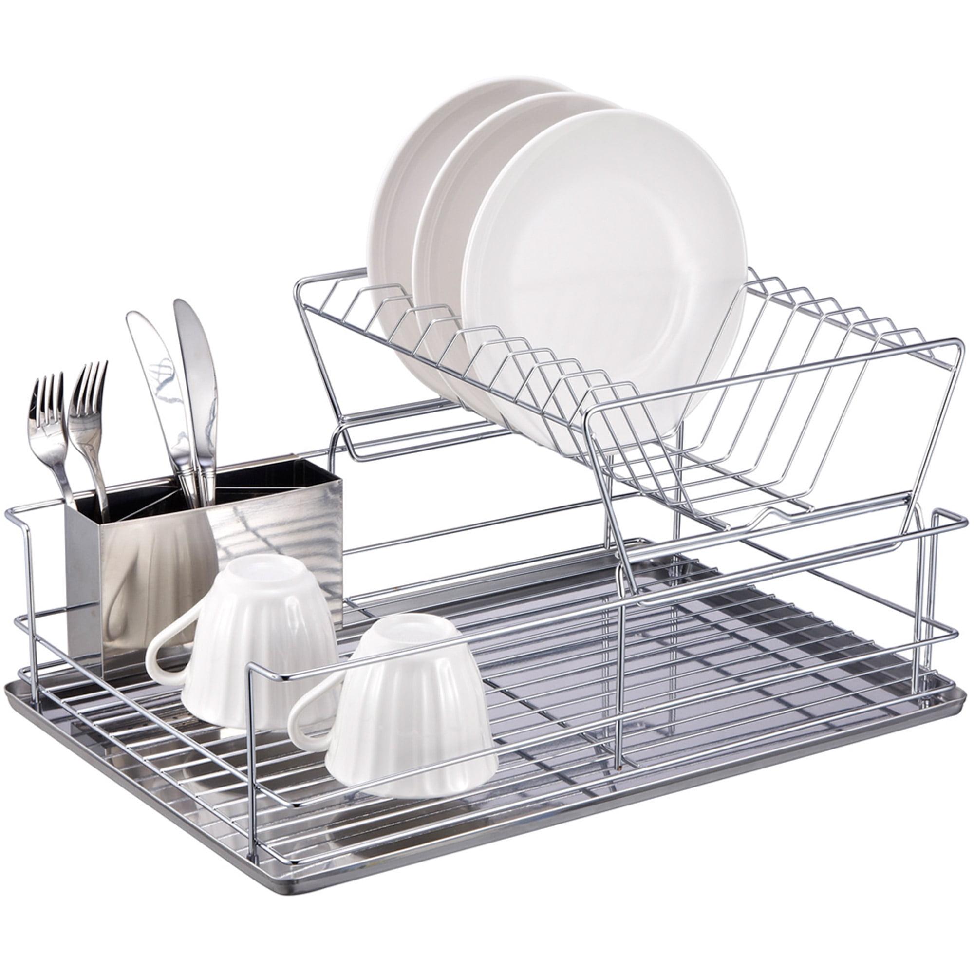 Dish Drying Rack, 2-Tier Dish Rack with Utensil Holder, Dish Drainer for Kitchen, Plated Chrome Dish Dryer (Heavy duty, Silver)