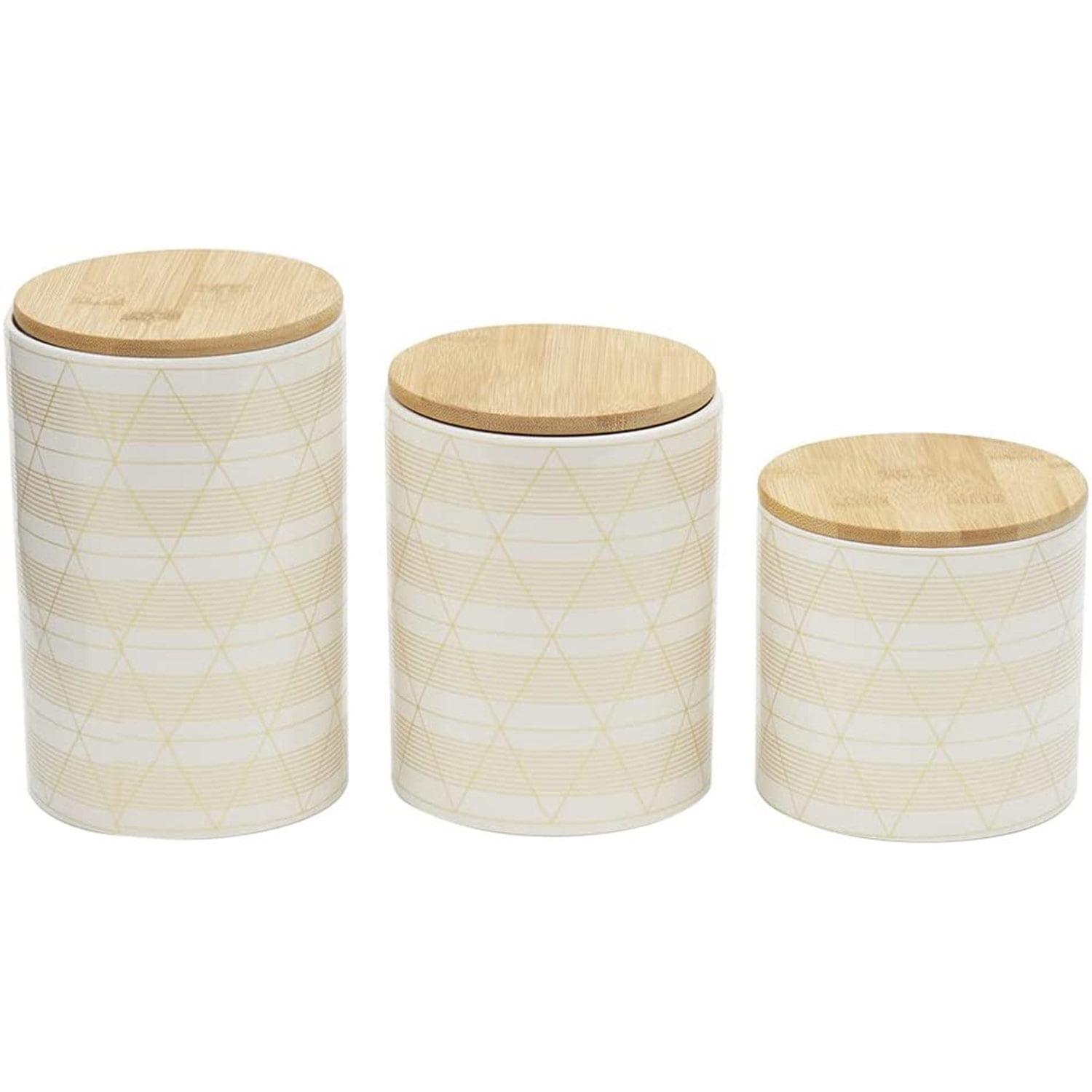 White Ceramic Honeycomb Canister Set with Bamboo Lids, 3-Piece