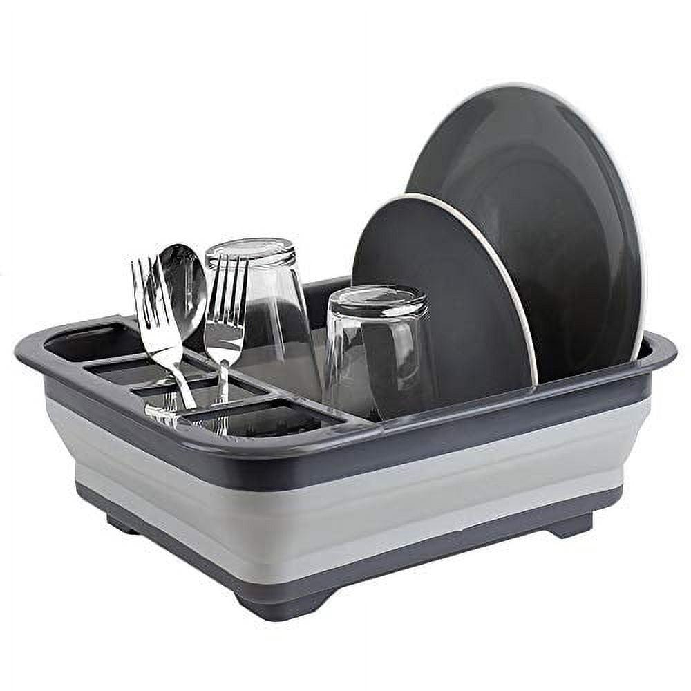 Gray Silicone and Plastic Collapsible Dish Rack with Utensil Cup