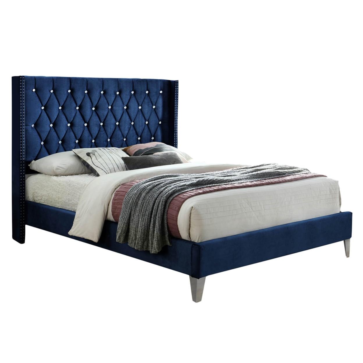 Alexa Deluxe Blue Velvet Full Platform Bed with Tufted Headboard