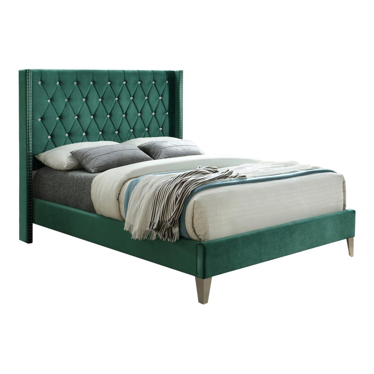 Alexa Green Velvet Upholstered Queen Platform Bed with Nailhead Trim