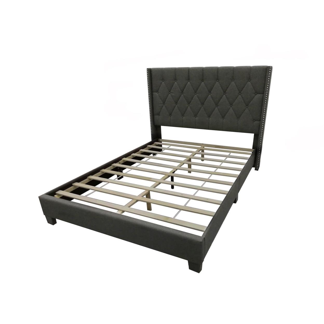 Amelia Charcoal Linen Tufted Queen Platform Bed with Nail-Head Detail