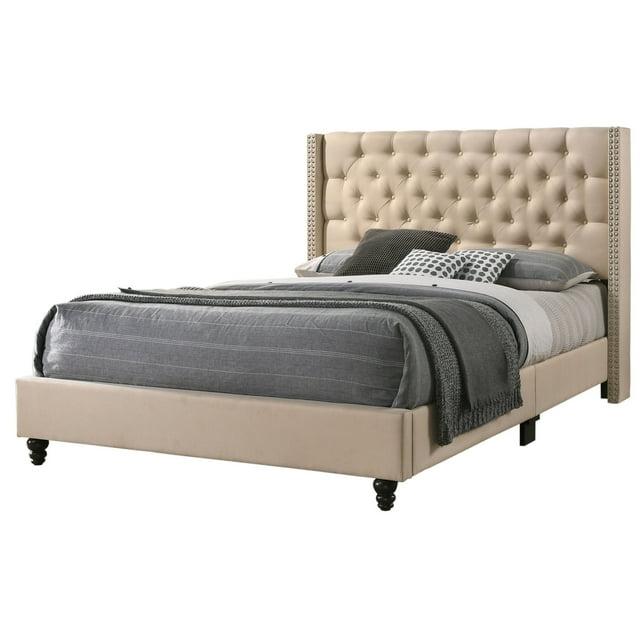 Passion Furniture Julie Beige Tufted Upholstered Low Profile Queen Panel Bed