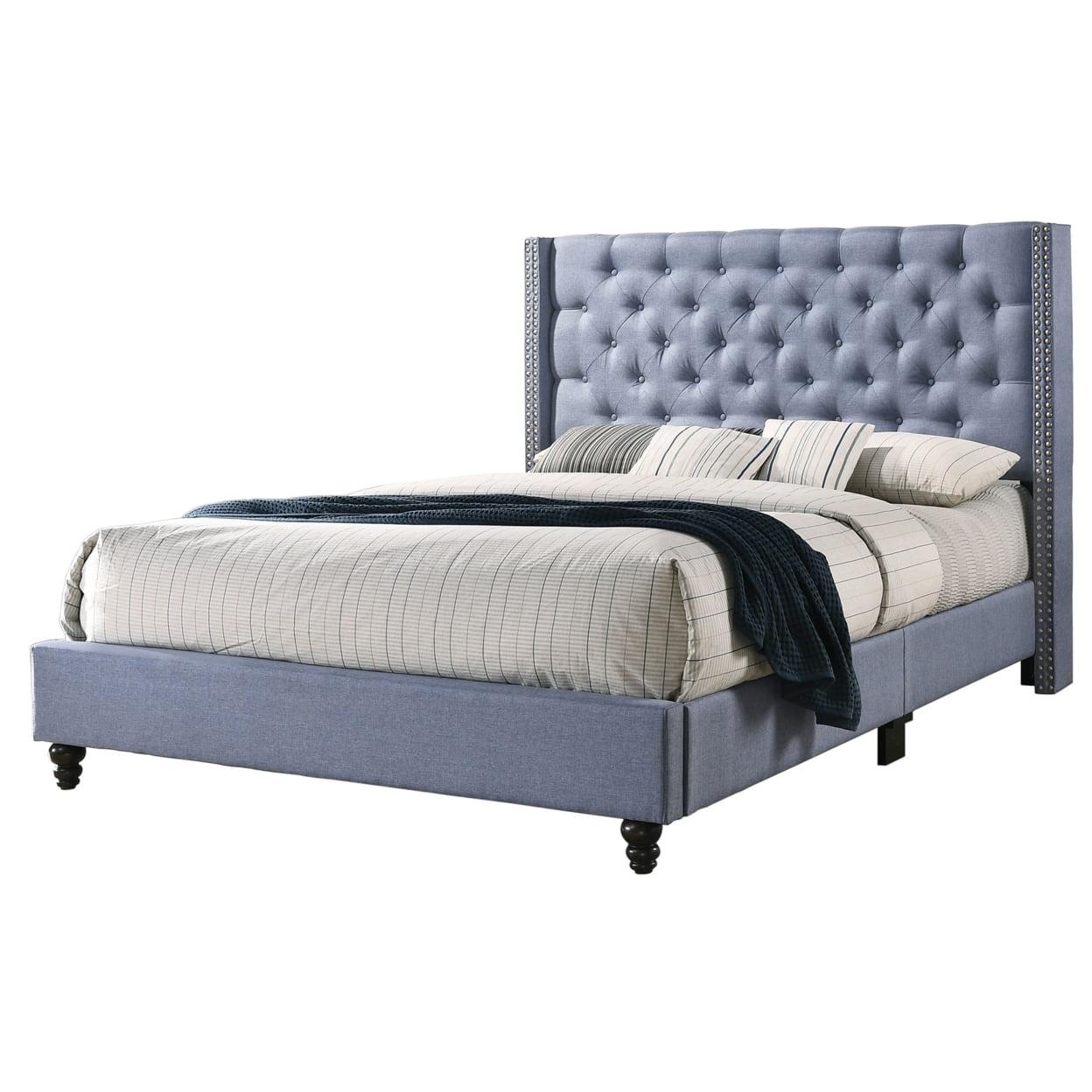 Elegant Blue Velvet Queen Bed with Tufted and Nailhead Details