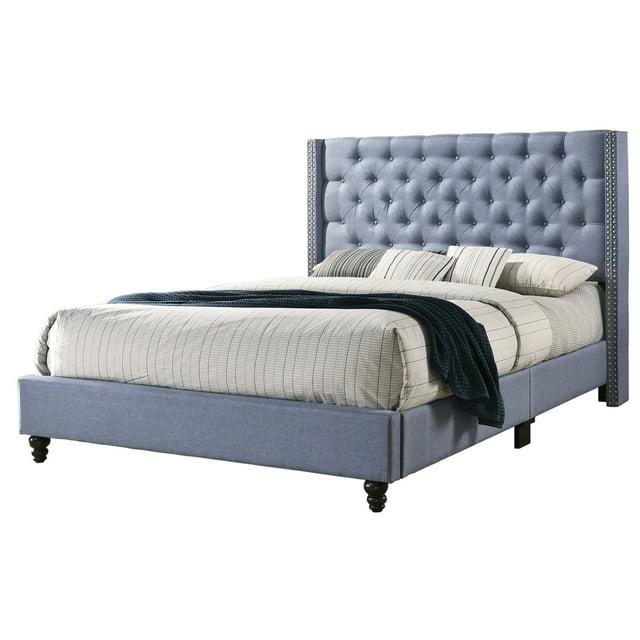 Passion Furniture Julie Blue Tufted Upholstered Low Profile Queen Panel Bed