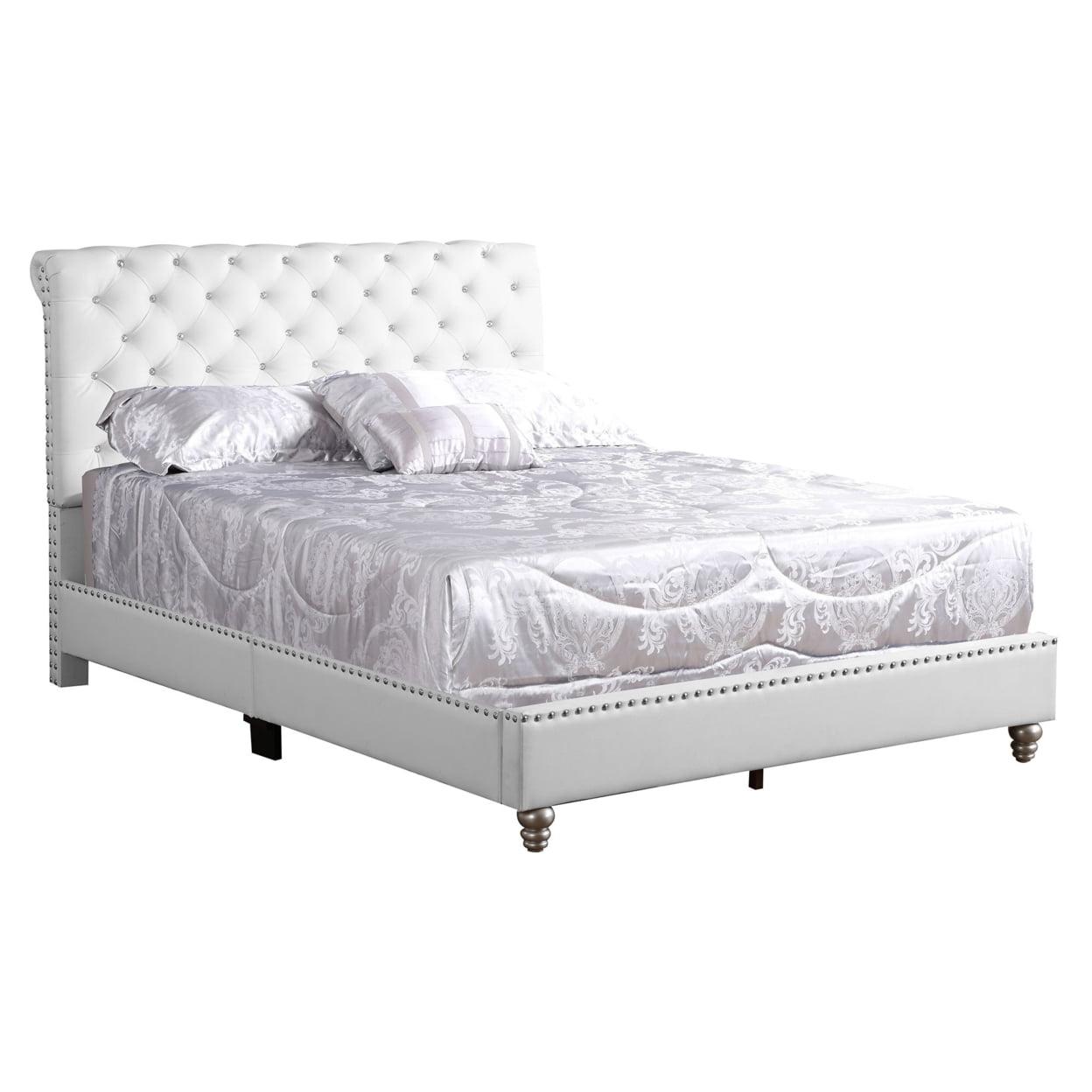 Maxx White Tufted Upholstered Full Panel Bed with Nailhead Trim