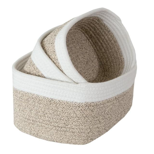 Home-Complete 3pc Storage Basket Set Natural: Cotton Square Decorative Bins for Shelves, Hand Wash, 12"x8.5"x5.5"