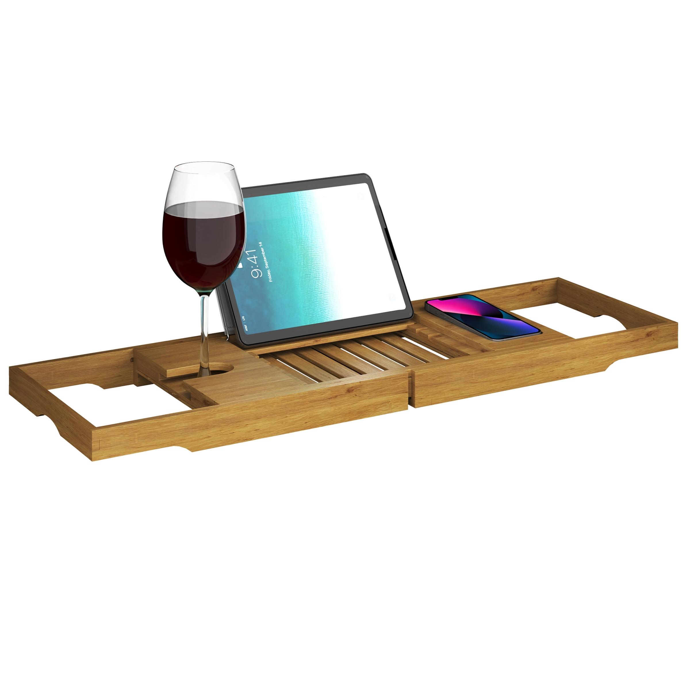 Natural Acacia Wood Extendable Bathtub Tray with Wine Holder