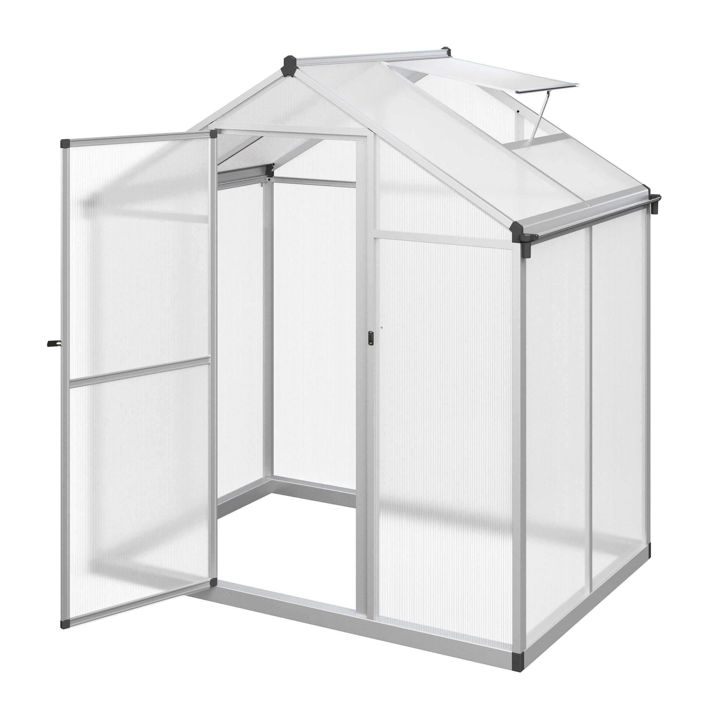 Walk In Greenhouse - 4ft x 6ft Outdoor Green House with Roof Vent and Rain Gutter - Sturdy Polycarbonate Panels with Aluminum Frame