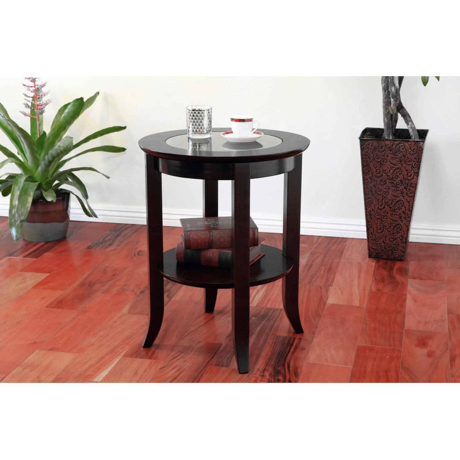 Espresso Round Wood and Glass Side Table with Shelf