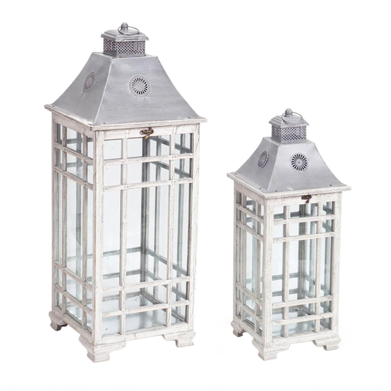 Weathered White Wood and Metal Hanging Lantern Set