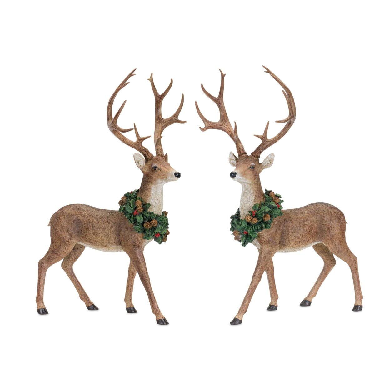 Hand-Painted Brown Resin Deer Figurines with Wreaths, Set of 2