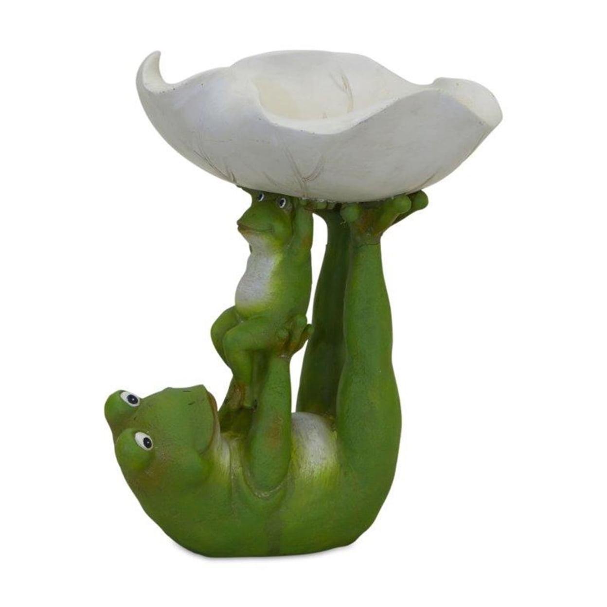 Green and White Resin Frog Leaf Bowl Statue