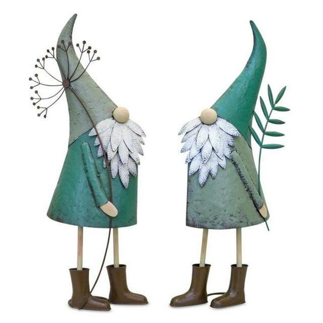 Iron Metal Standing Garden Gnome with Flower (Set of 2)