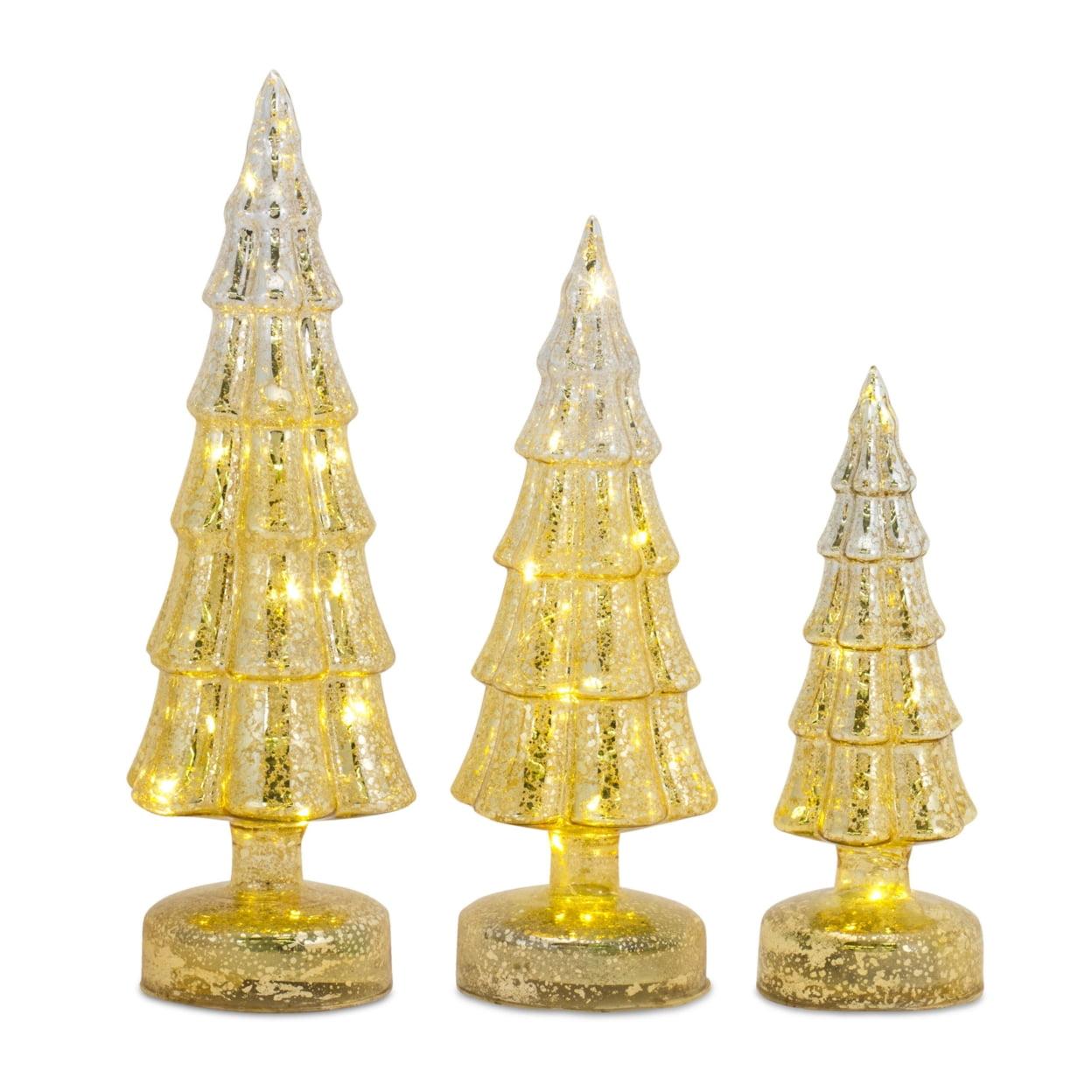 Set of 3 Gold Crackled Glass LED Holiday Trees