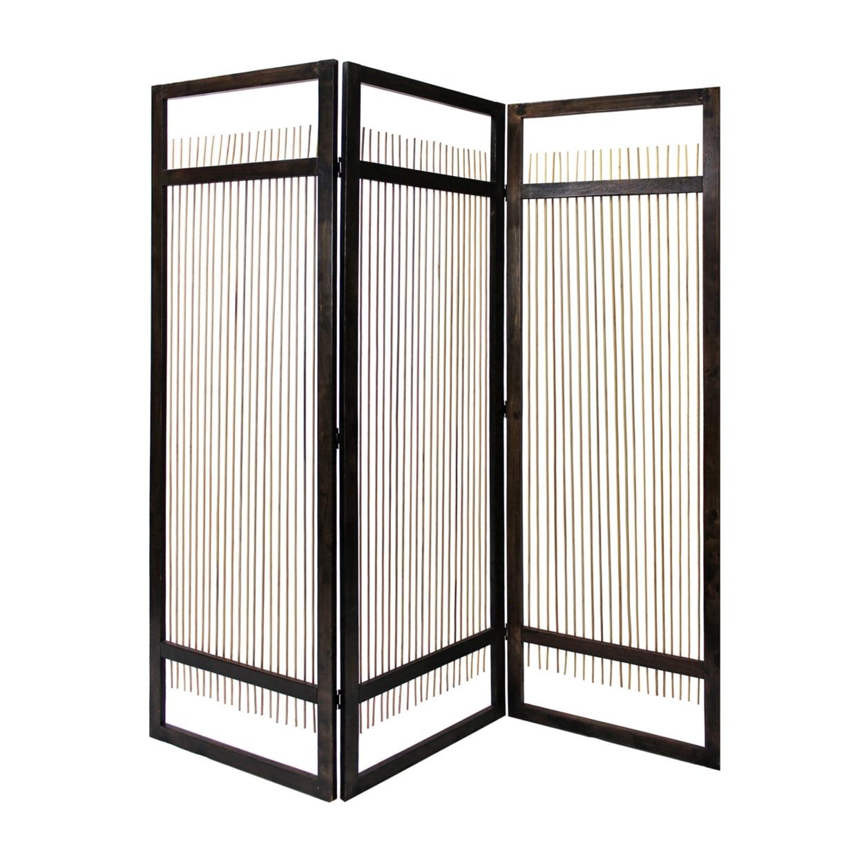 Natural Rattan and Cappuccino Wood 3-Panel Folding Screen