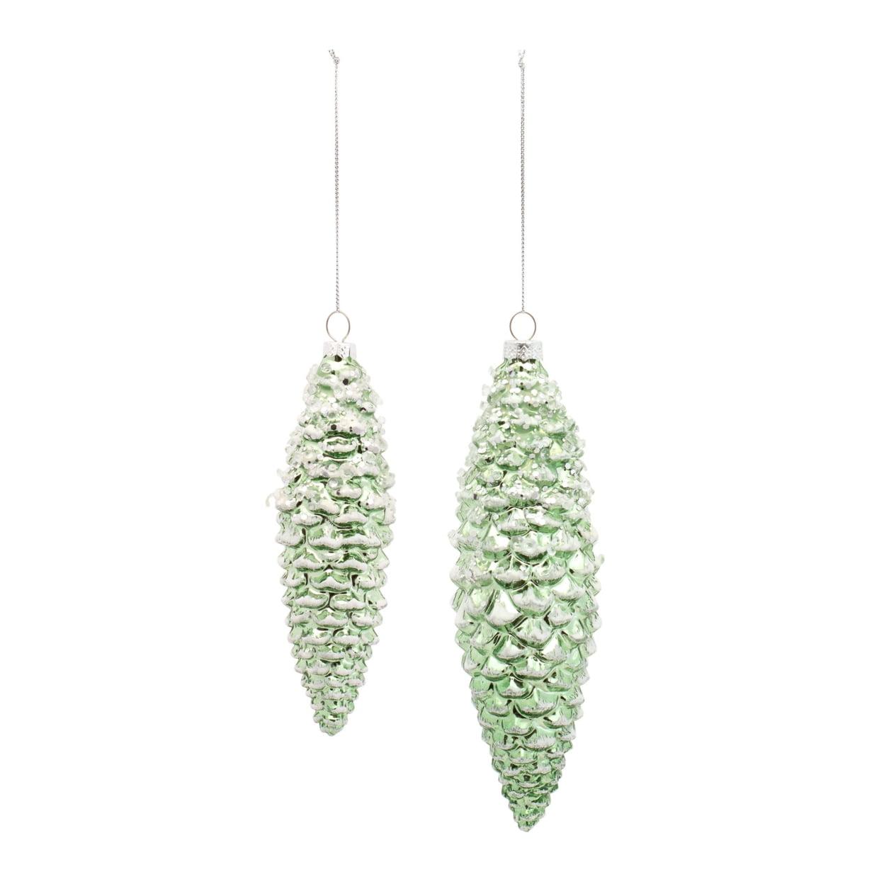 Green and White Glass Pine Cone Drop Ornaments Set of 12