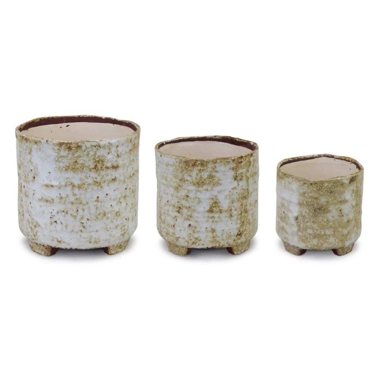 Terra Cotta Trio: Footed Glazed Pots in Warm Brown & Ivory