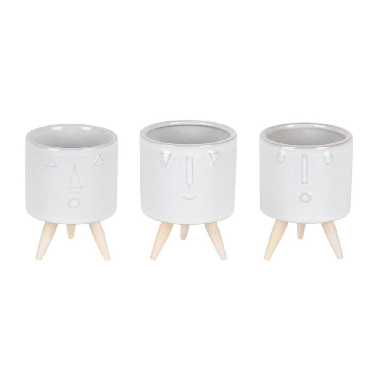 Chic Glazed Porcelain Face Pots Set of 3 with Wooden Accents