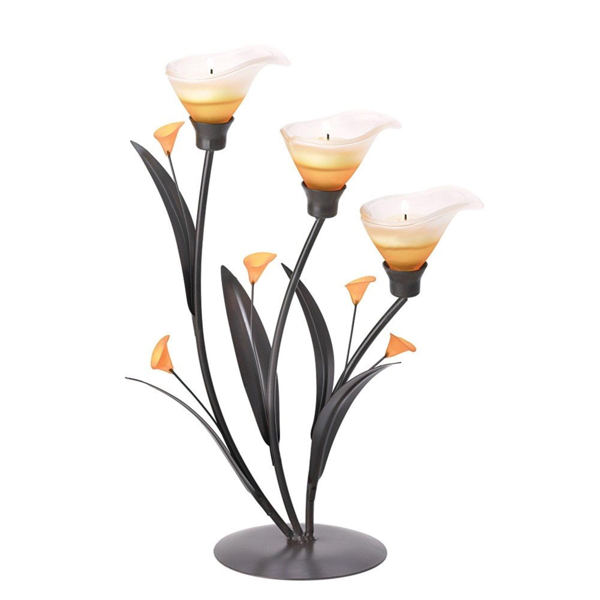 Elegant Amber Lily Blossom Tealight Candelabra