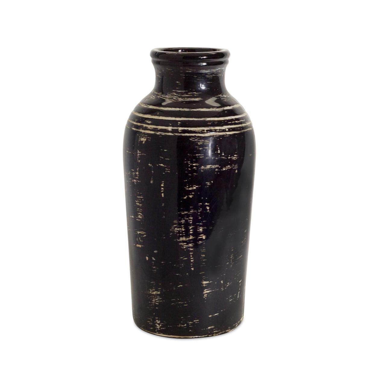 Distressed Black and Ivory Striped Ceramic Decorative Vase 18"