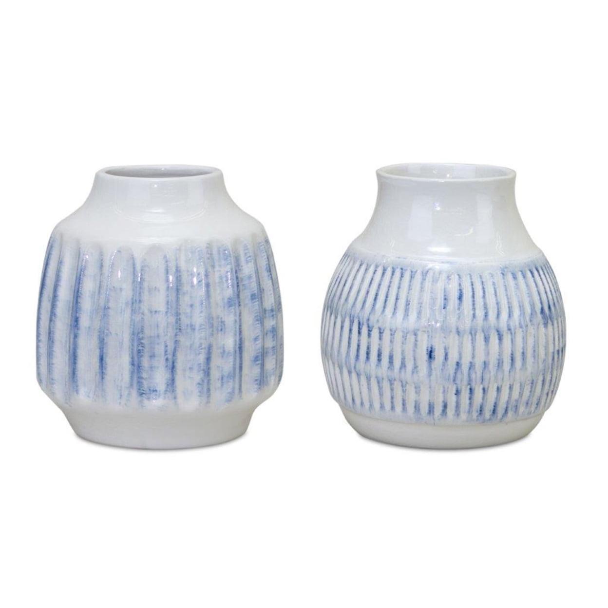 Soft Blue & White Glazed Ceramic Vase Set 6" Trio