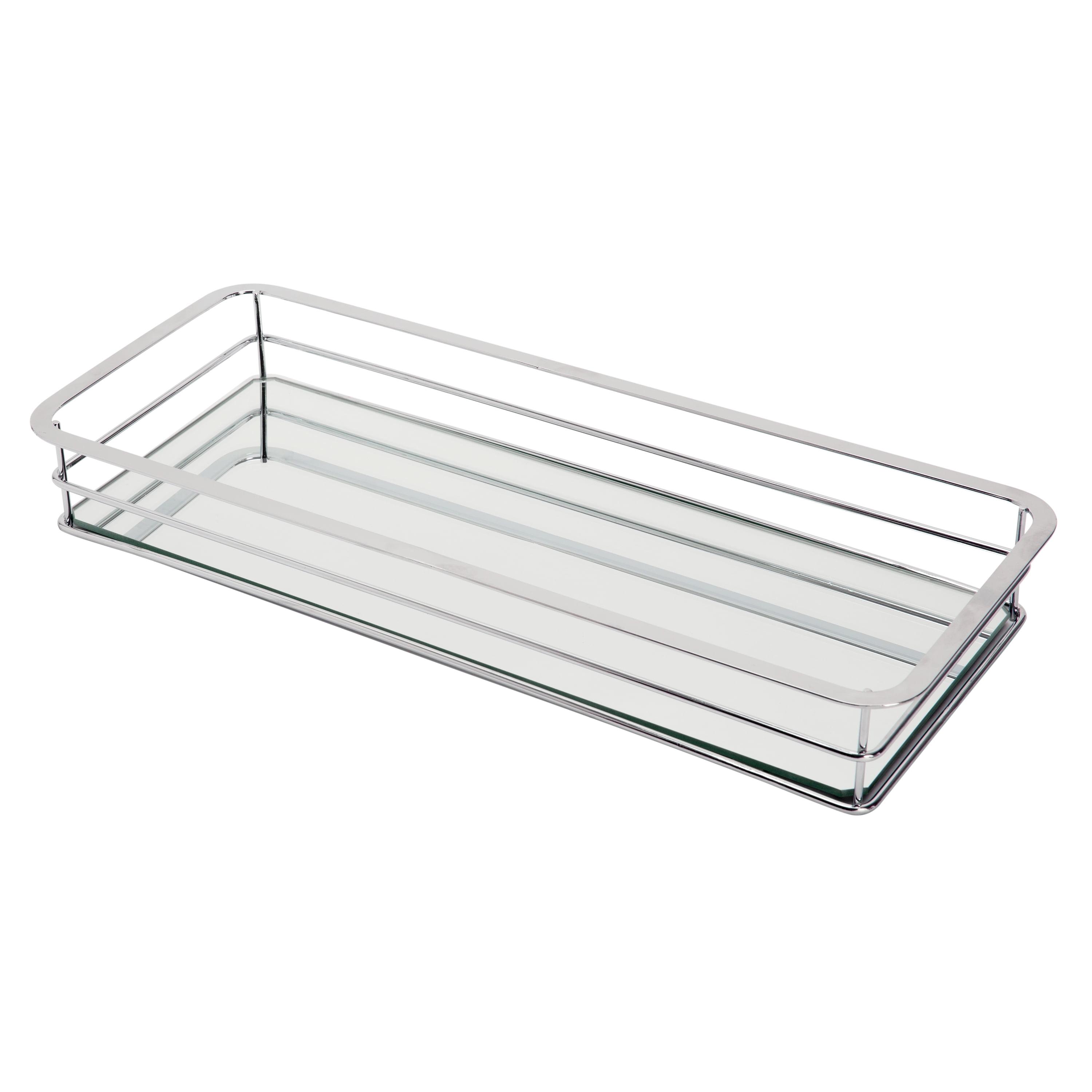 Chrome Finish Rectangular Vanity Tray with Reflective Glass Base