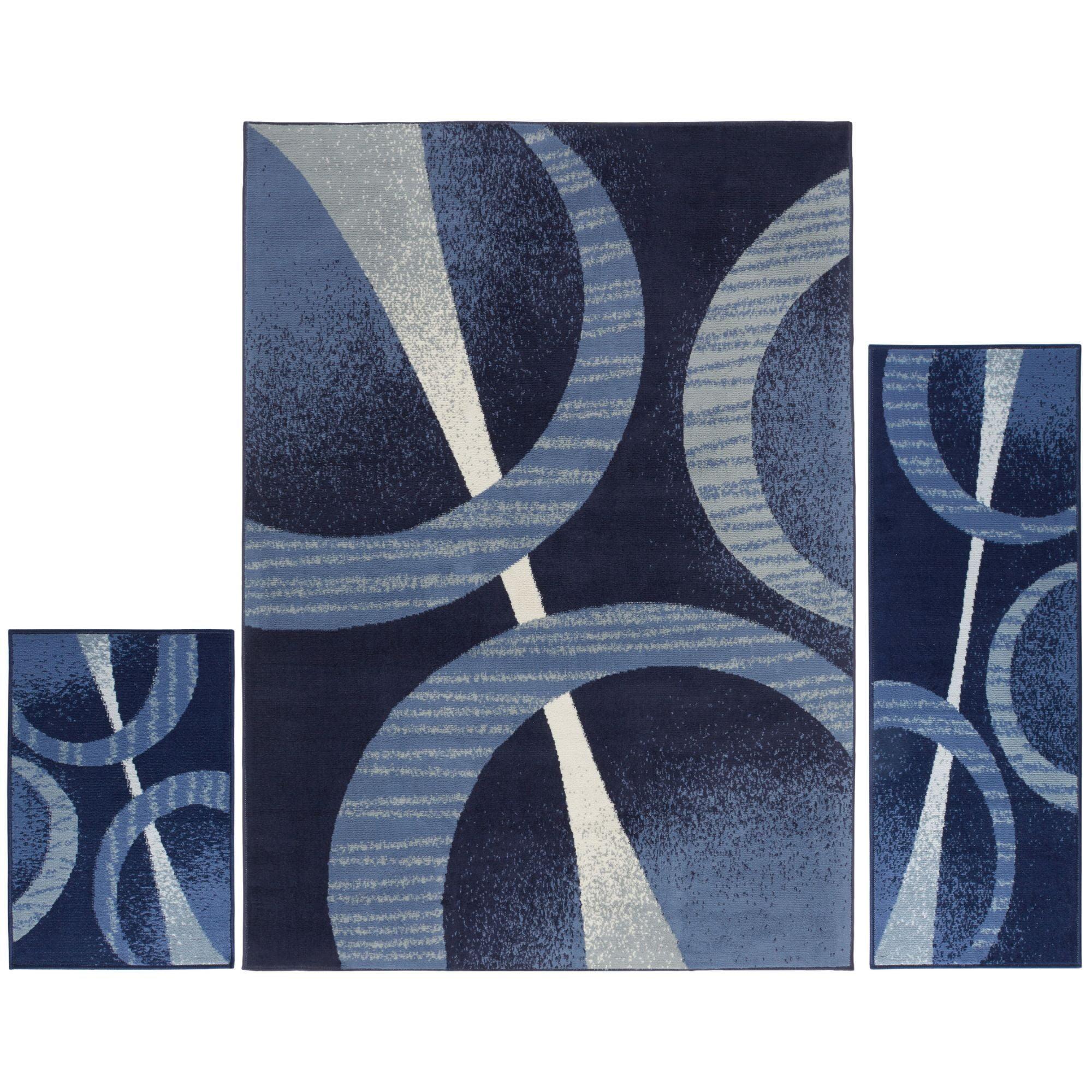 Navy Blue Abstract Geometric 3-Piece Synthetic Area Rug Set