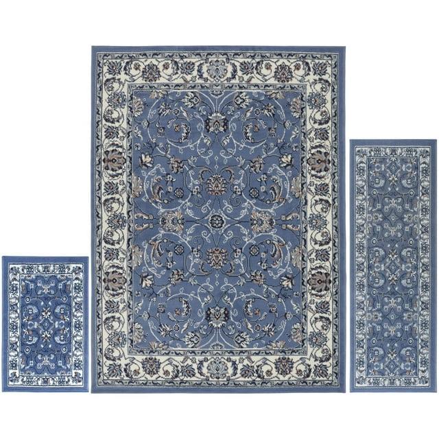 Home Dynamix Ariana Badah Damask Border Area Rug, Blue/Ivory, 3-Piece Set
