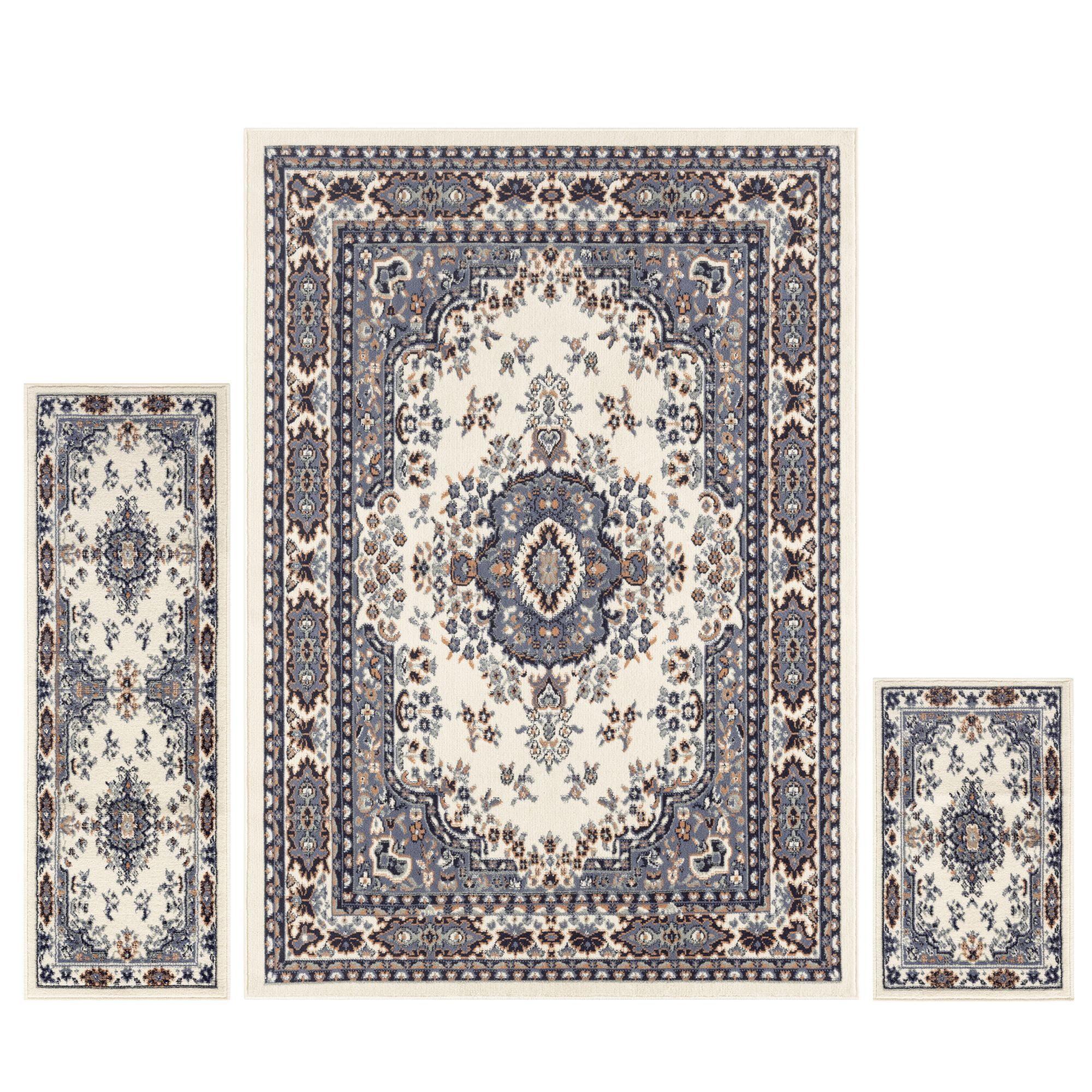 Home Dynamix Ariana Ksara Traditional Medallion Border Area Rug, Ivory/Blue, 3-Piece Set
