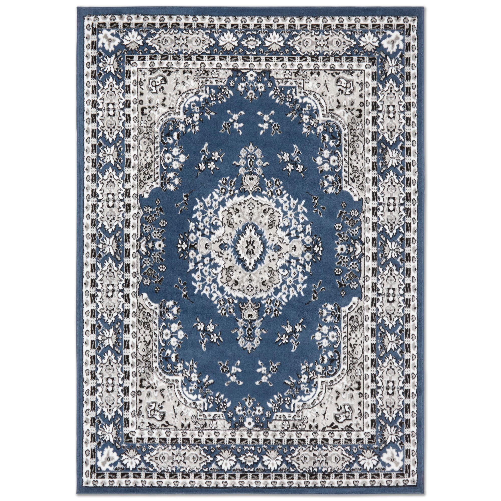 Midnight Blue and Ivory Synthetic Traditional Area Rug