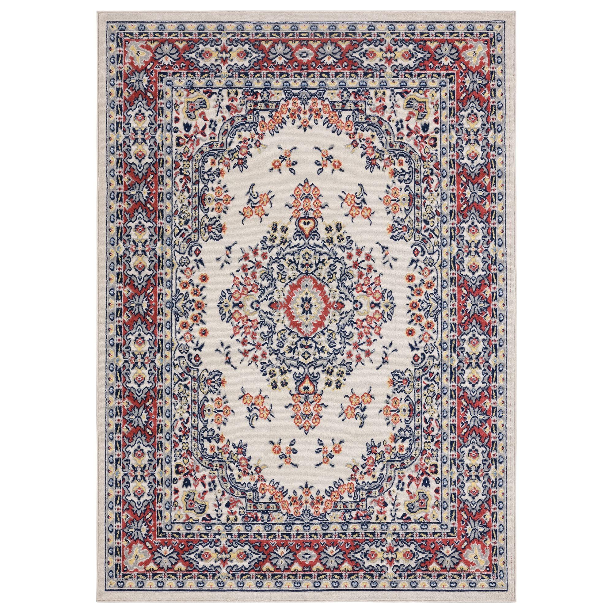 Ivory and Red Synthetic Traditional Medallion Area Rug