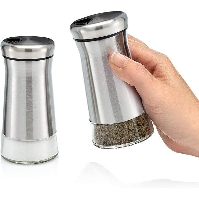 Home EC Salt and Pepper Shakers Set with Adjustable Pour Holes - Made of Elegant Stainless Steel and BPA Free Glass