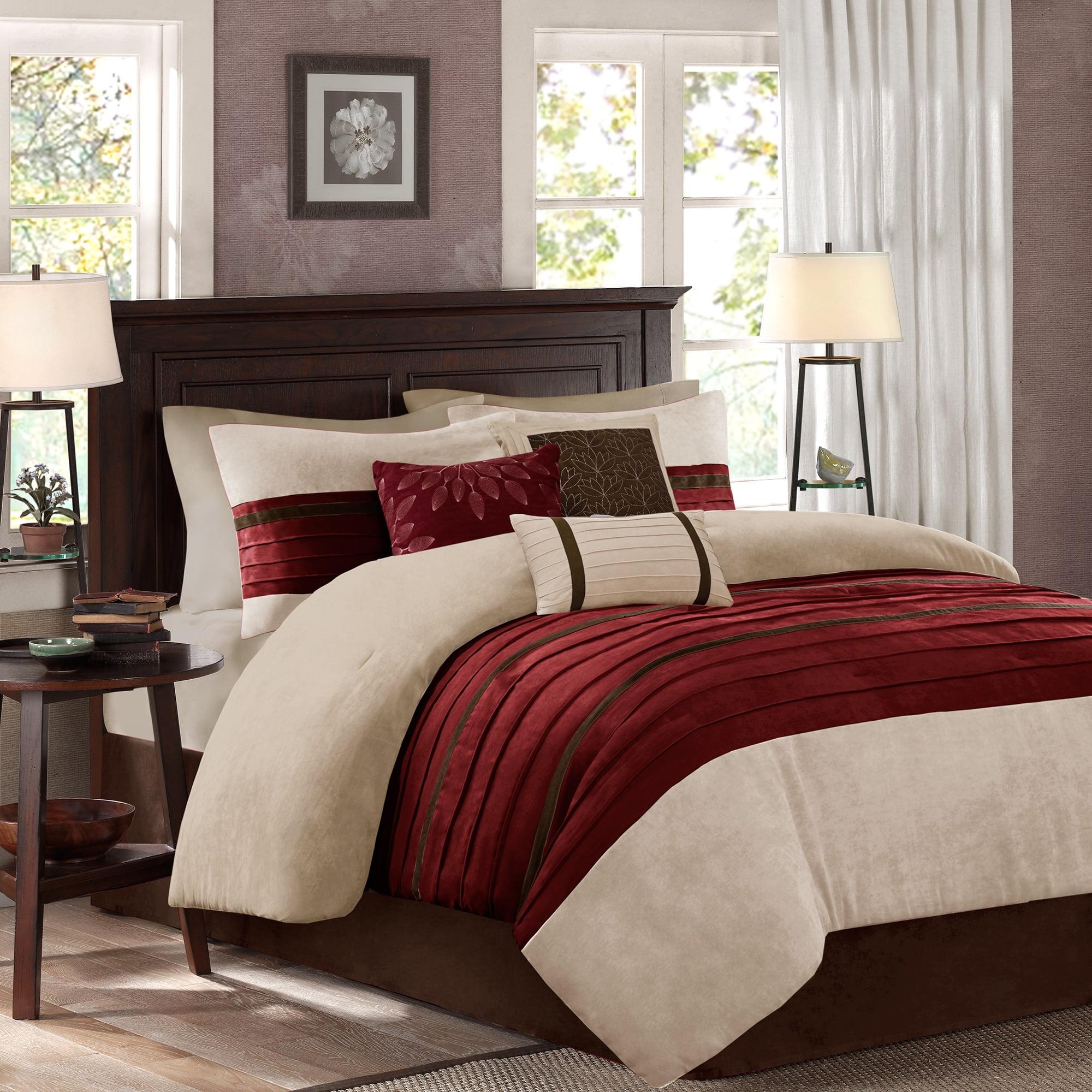 Home Essence 7 Piece Dakota Pieced and Pleated Microsuede Comforter Set, Red/Tan, King