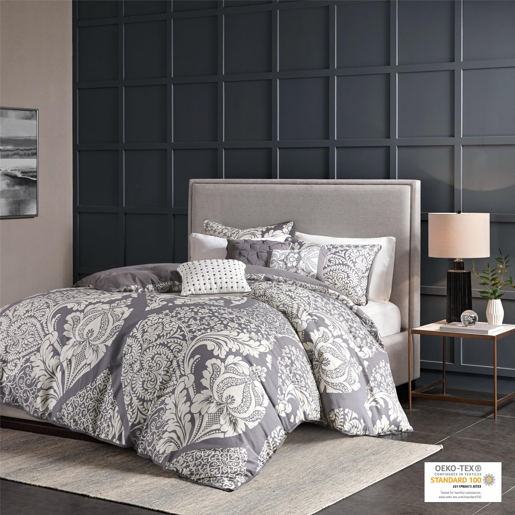 Madison Park 6pc Full/Queen Adela Printed Duvet Cover Bedding Set Slate: Cotton Damask, Embroidered, OEKO-TEX Certified