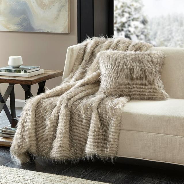 50"x60" Adelaide Faux Fur Throw Blanket Natural - Madison Park: Luxurious, Soft, Hypoallergenic