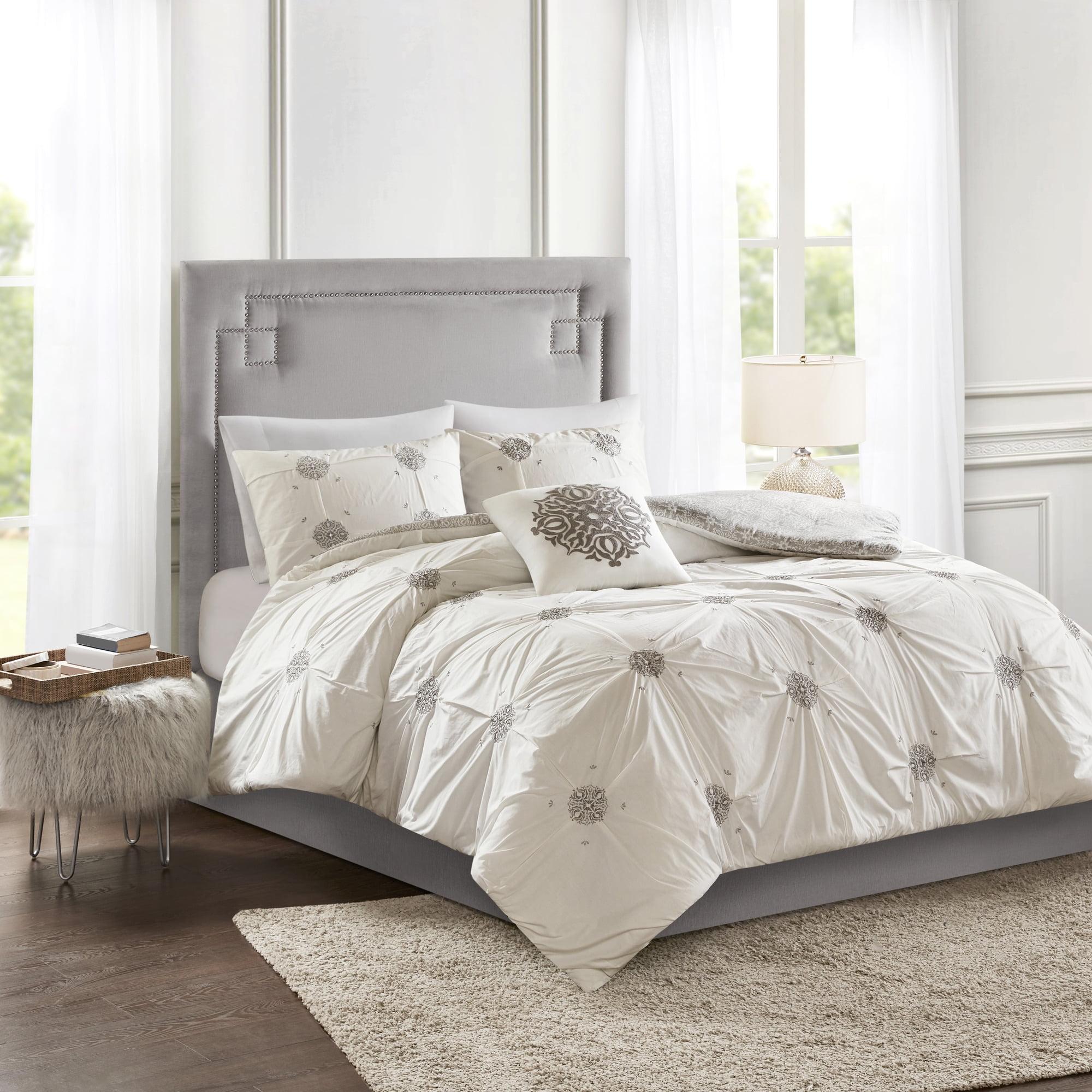 Ivory and Gray Embroidered Cotton Duvet Cover Set, Full/Queen