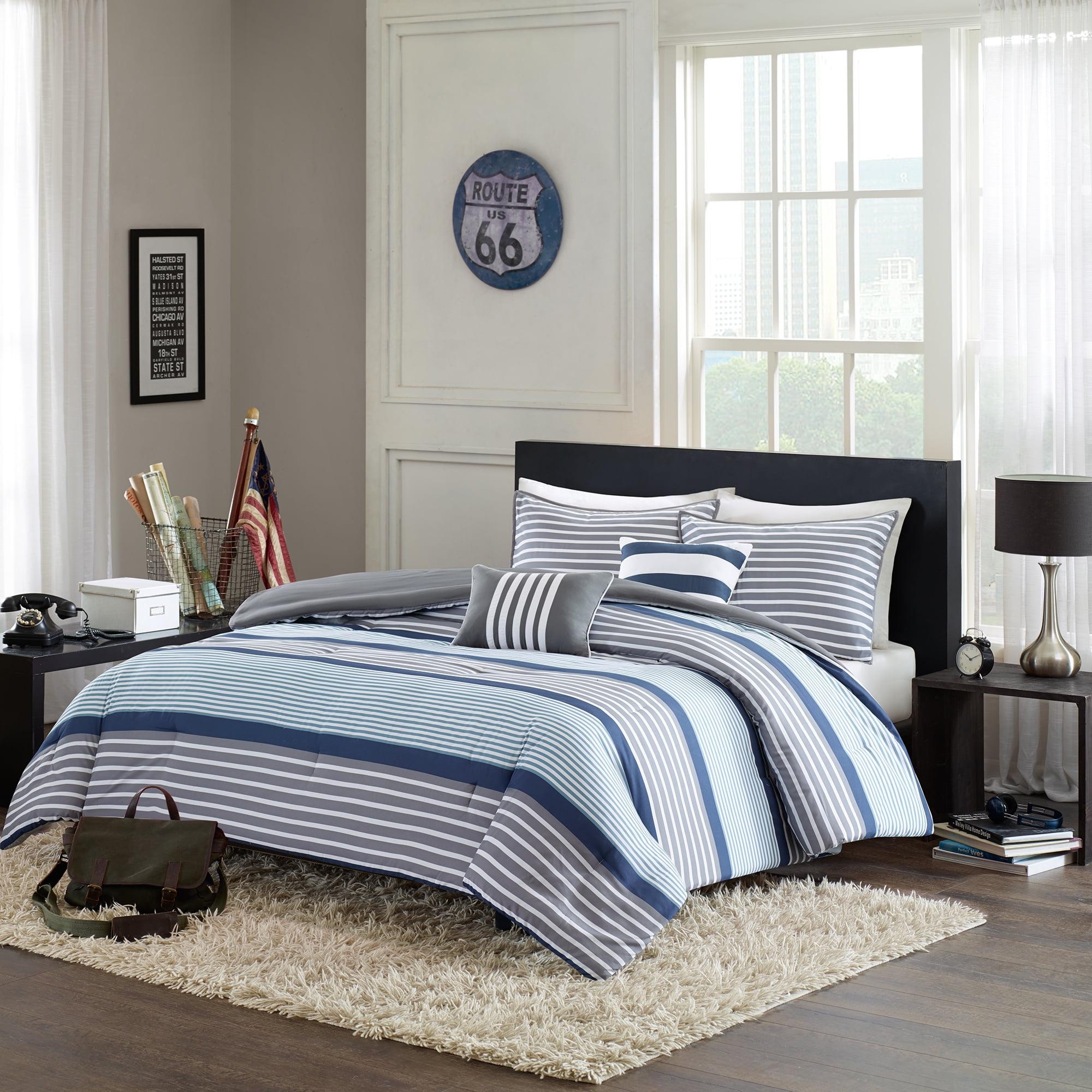 Reversible Gray Microfiber Quilt Set, Twin - Modern Striped Design