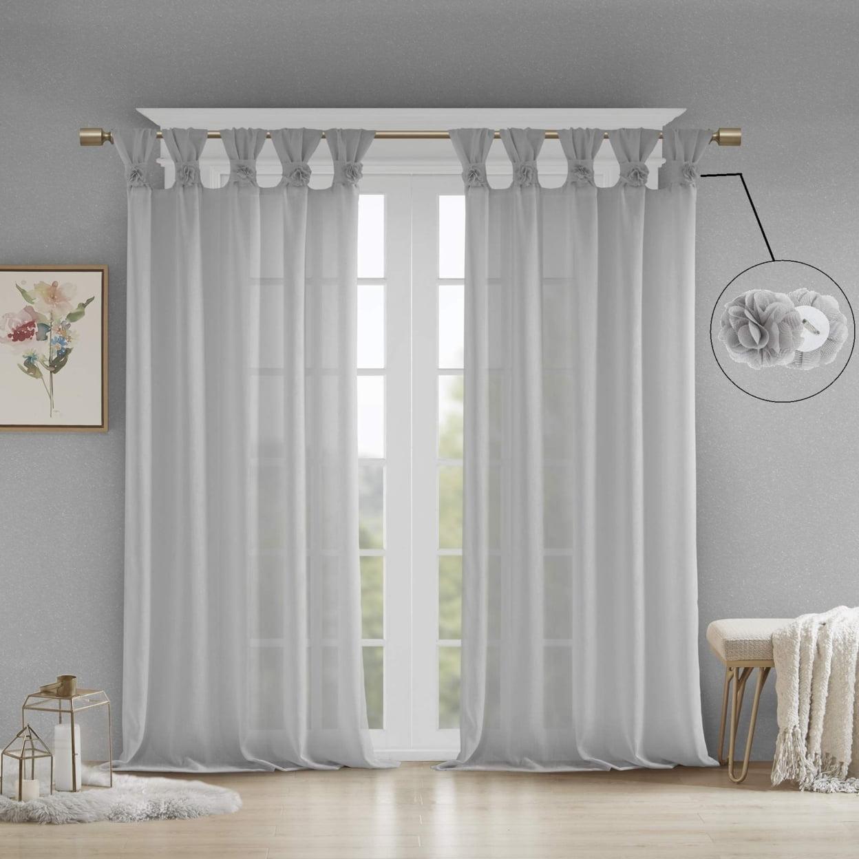 Rosette Floral Embellished Cuff Tab Top Solid Curtain Panel