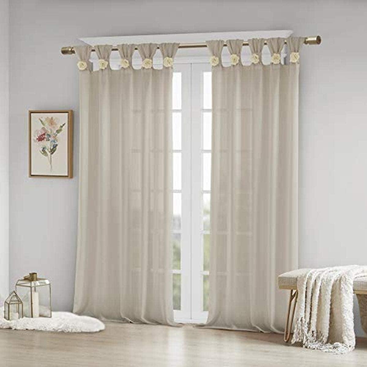 Linen Tab Top Sheer Curtain Panel with Floral Embellishments