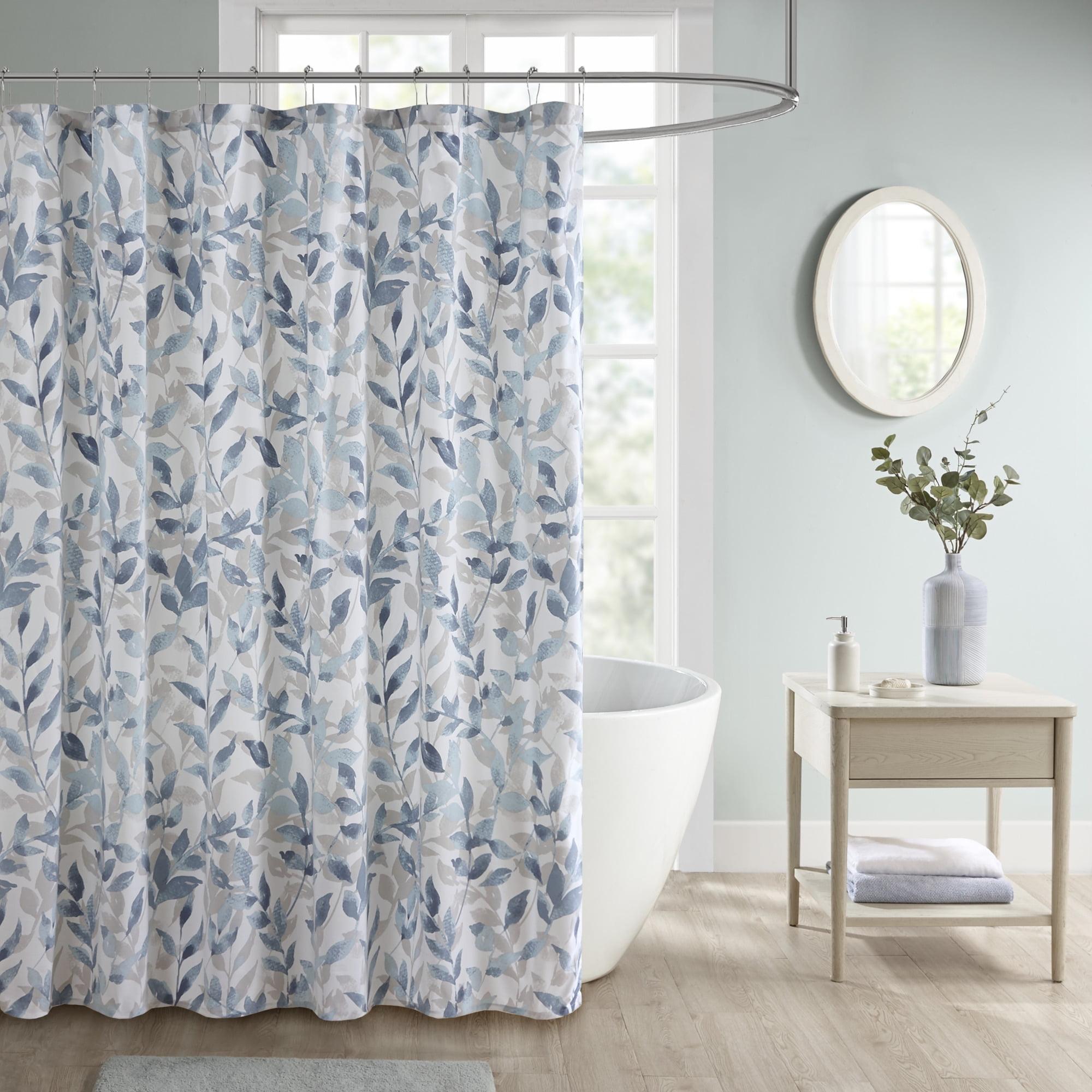 Leisha Blue Botanical Print Fabric Shower Curtain