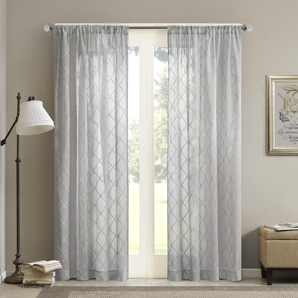 Gray Sheer Embroidered Rod Pocket Window Curtain Panel