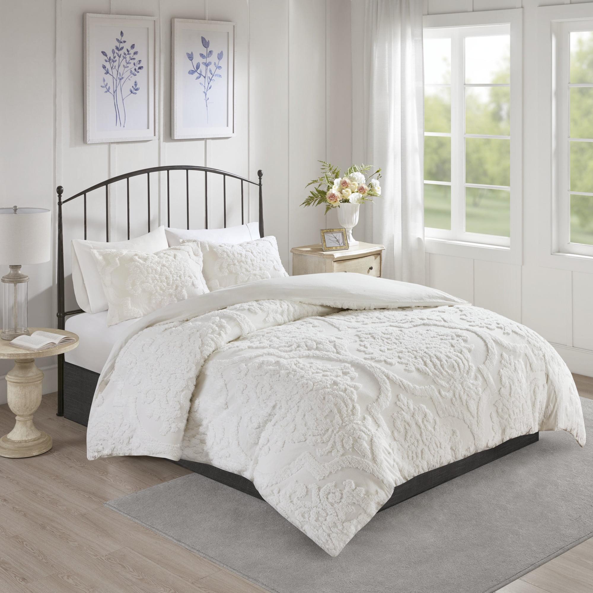 Viola Full/Queen White Tufted Cotton Chenille Damask Duvet Set