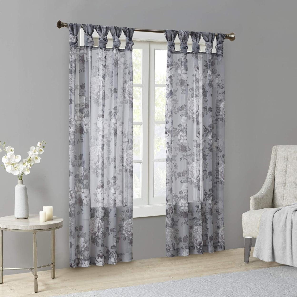 Gray Floral Twist Tab Top Sheer Polyester Curtain Panel