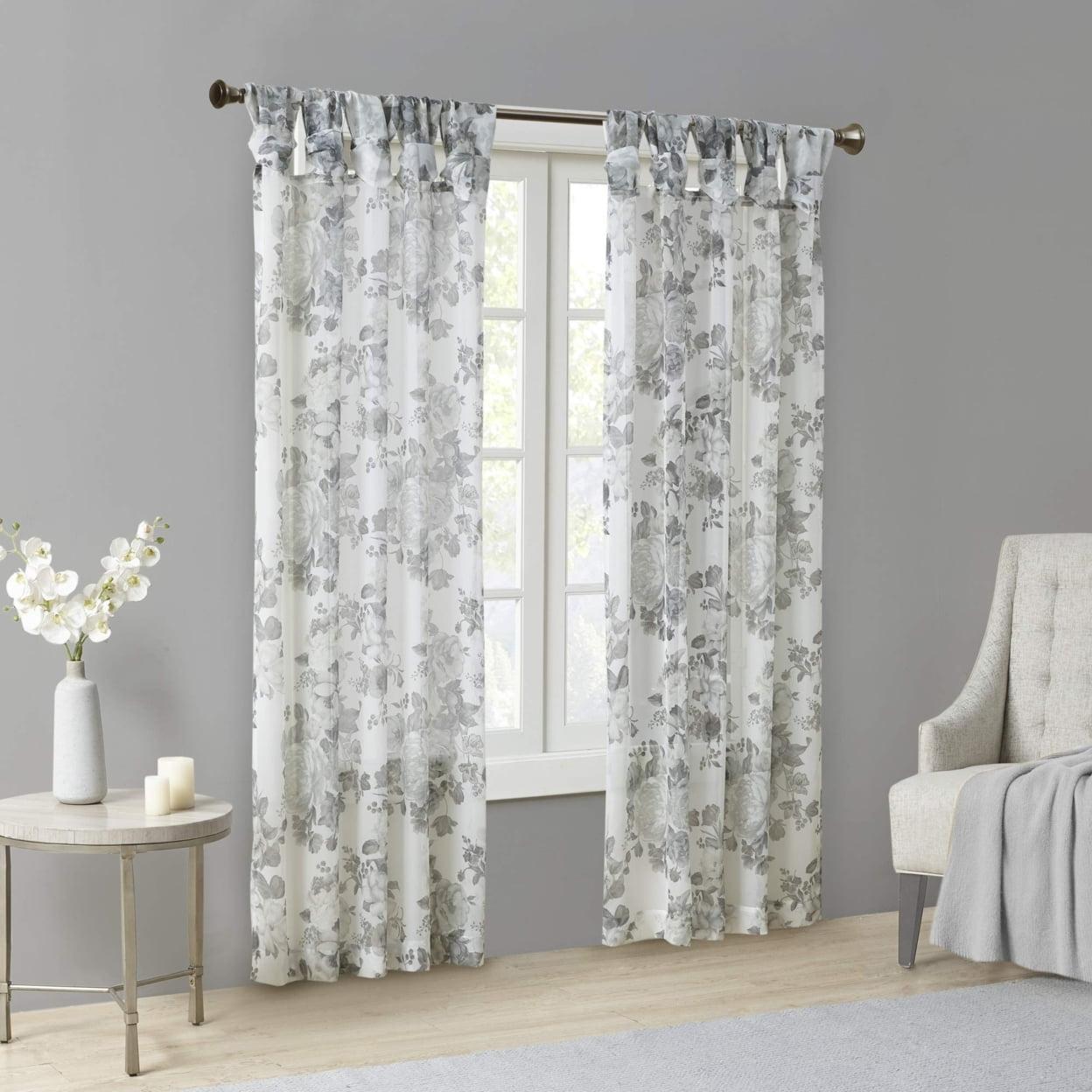 White Floral Twist Tab Top Sheer Polyester Curtain Panel