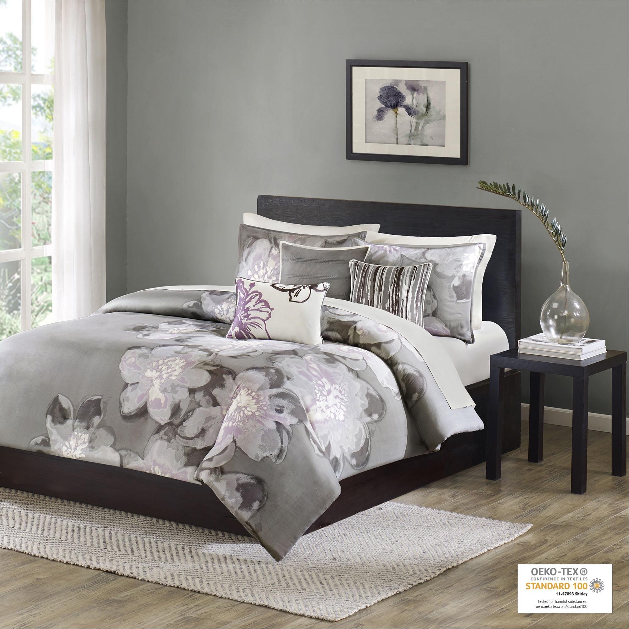 Gray Floral Cotton Queen Duvet Cover Set with Shams