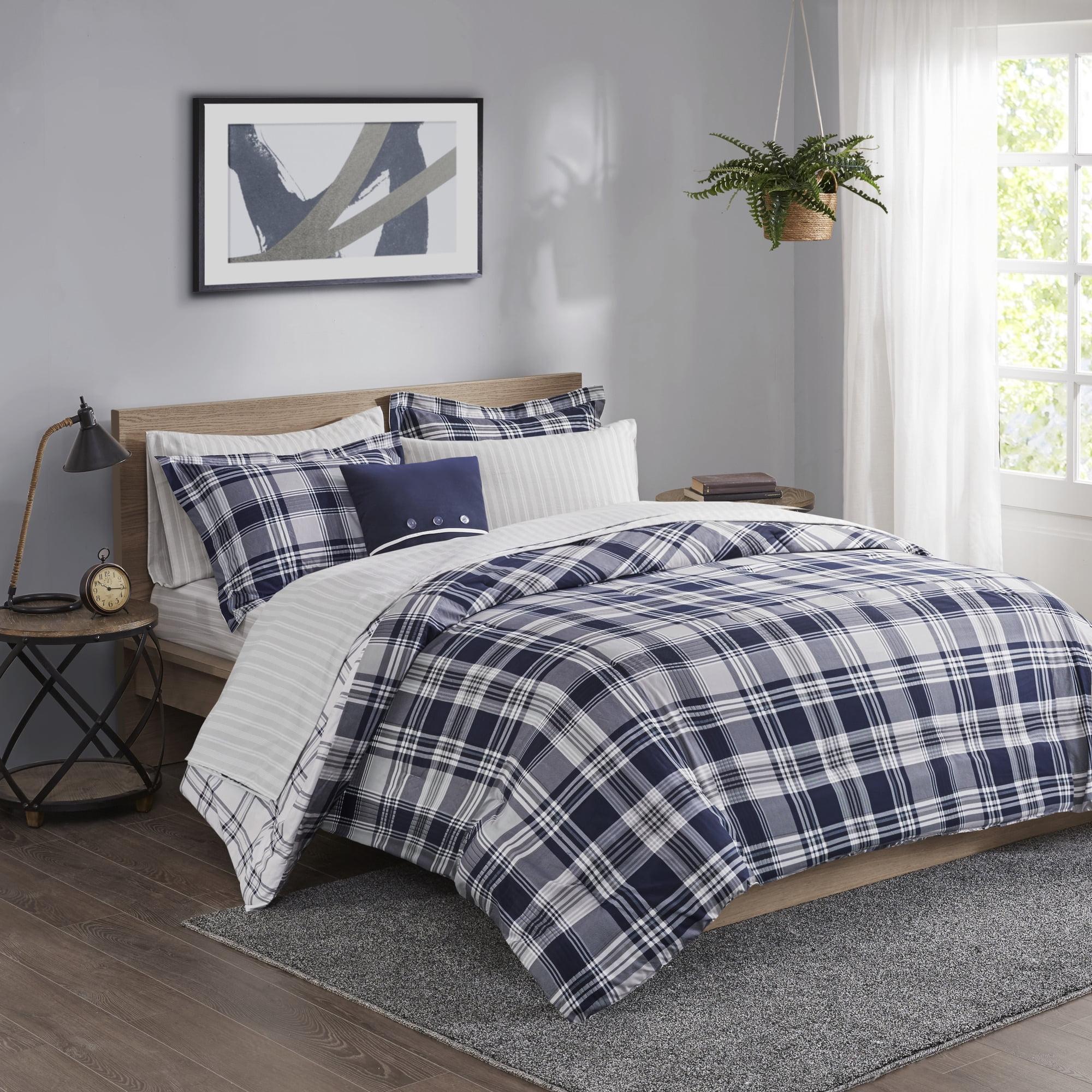 Navy Plaid Reversible Microfiber Queen Bed in a Bag Set