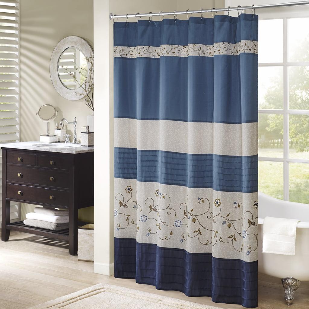 Monroe Embroidered Floral Shower Curtain Navy - Madison Park: 100% Polyester, Faux Silk, Machine Washable